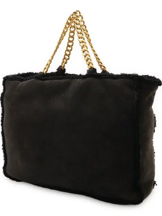 Chanel Mouton Chain Tote Bag Shoulder Leather Black Gold Hardware - Picture 2 of 9